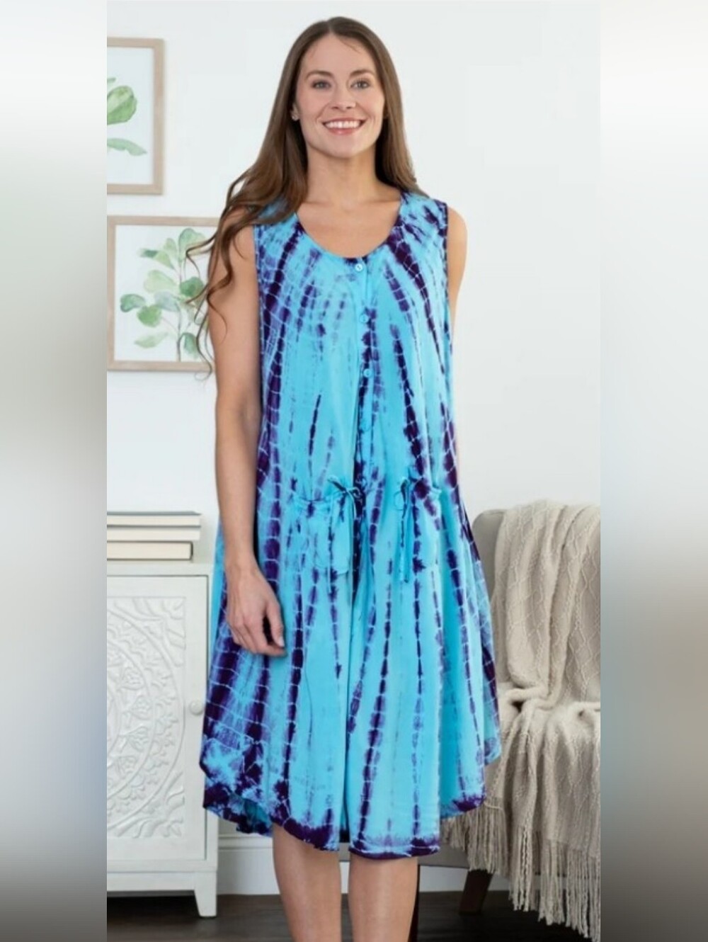 Just Cruising Sleeveless Tie-Dye V-Neck Beach Dress Aqua & Purple Rayon Breezy - Picture 2 of 14